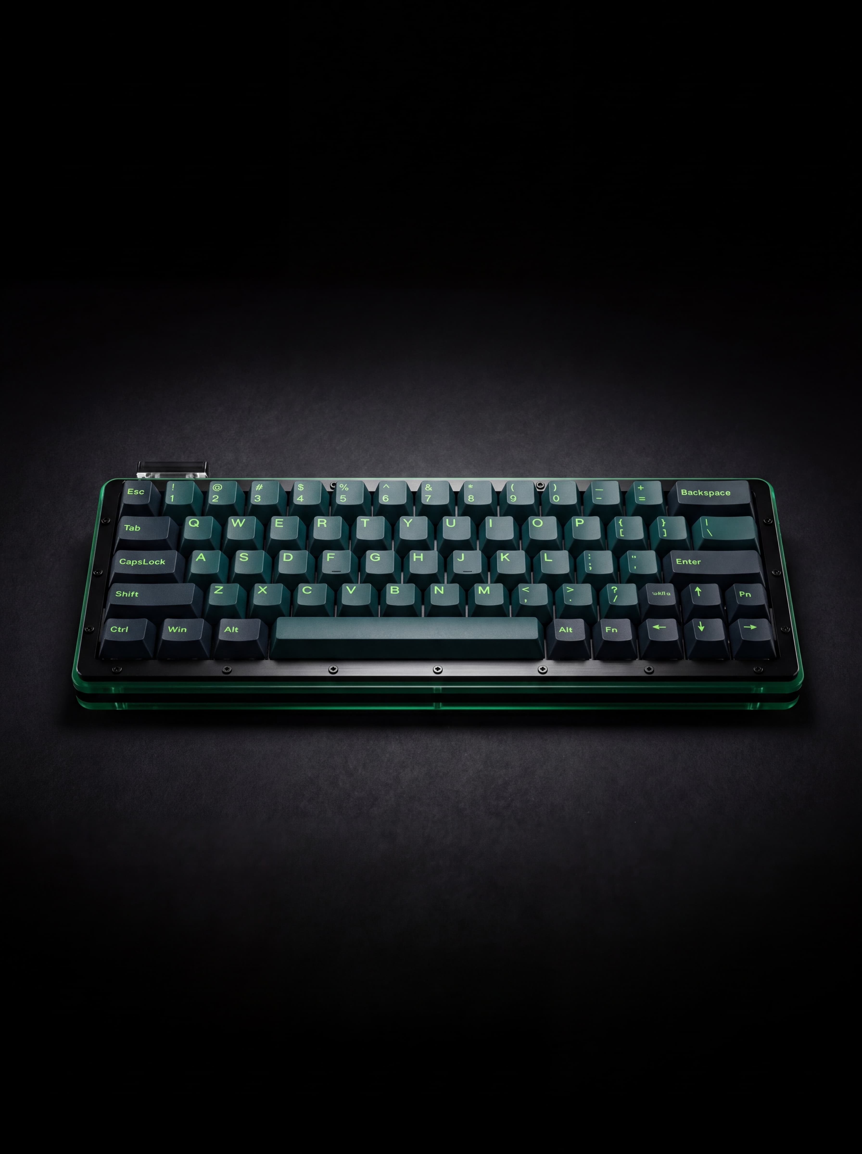 Mechanical keyboard angled on dark ground — product hero