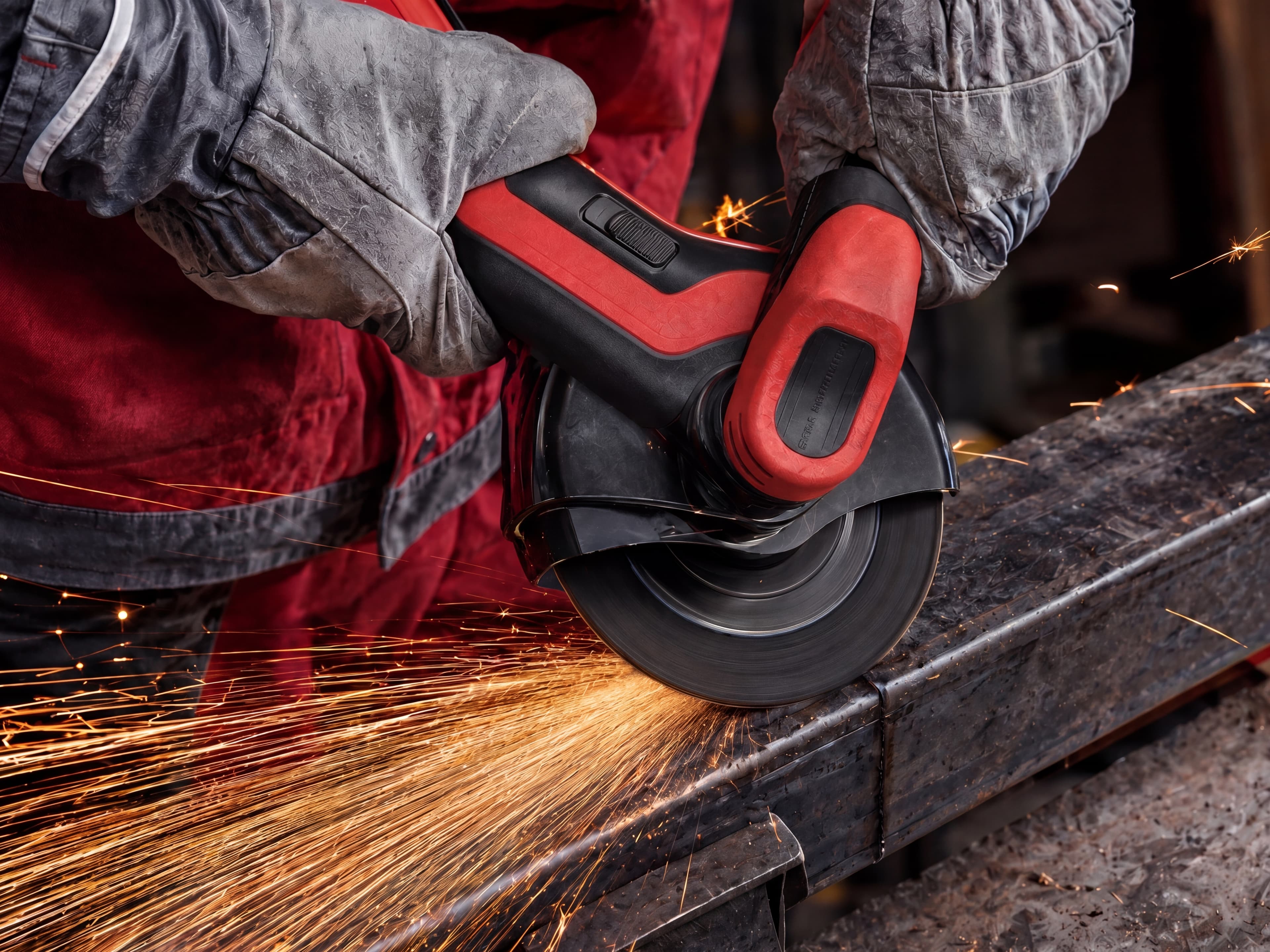 Angle grinder cutting steel — workshop maker process
